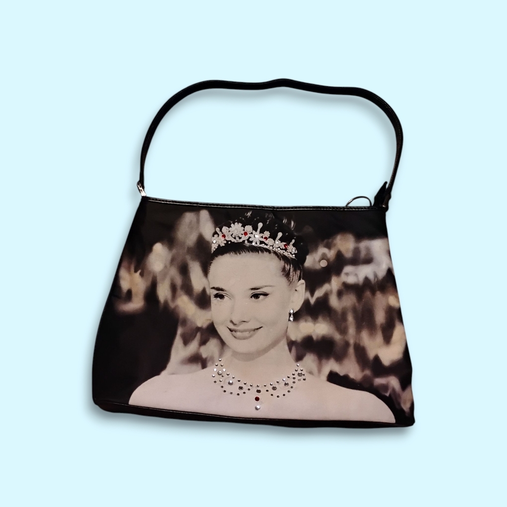 Vintage Black Audrey Hepburn Portrait Print Shoulder Bag with Jewel Accents
